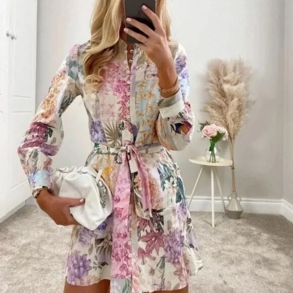Nwot new Zara Floral Parrot Button Up Belted Mini Linen Pastel Shirt Dress M - Picture 1 of 15